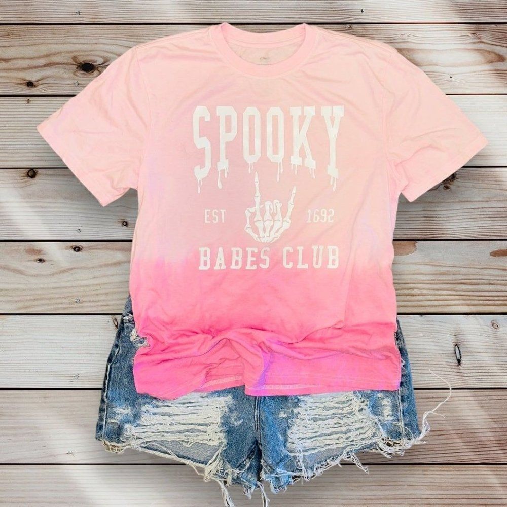 Spooky‎ Babes Club Skull Bone Hand Halloween Shirt Top Womens Medium OMBRE Pink